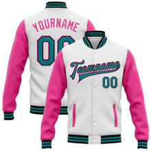 Load image into Gallery viewer, Custom White Teal Black-Pink Bomber Full-Snap Varsity Letterman Two Tone Jacket