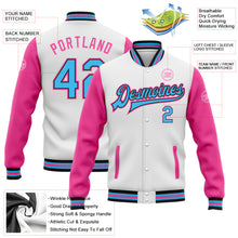 Загрузить изображение в средство просмотра галереи, Custom White Sky Blue Black-Pink Bomber Full-Snap Varsity Letterman Two Tone Jacket