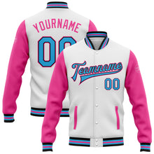 Загрузить изображение в средство просмотра галереи, Custom White Sky Blue Black-Pink Bomber Full-Snap Varsity Letterman Two Tone Jacket