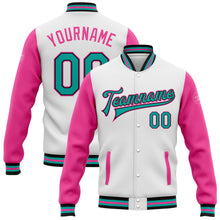 Load image into Gallery viewer, Custom White Aqua Black-Pink Bomber Full-Snap Varsity Letterman Two Tone Jacket
