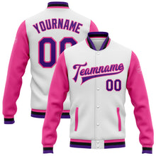 Load image into Gallery viewer, Custom White Purple Pink-Black Bomber Full-Snap Varsity Letterman Two Tone Jacket
