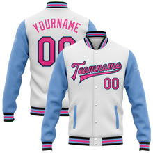 Загрузить изображение в средство просмотра галереи, Custom White Pink Black-Light Blue Bomber Full-Snap Varsity Letterman Two Tone Jacket