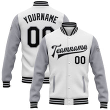 Load image into Gallery viewer, Custom White Black-Gray Bomber Full-Snap Varsity Letterman Two Tone Jacket
