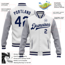 Load image into Gallery viewer, Custom White Navy-Gray Bomber Full-Snap Varsity Letterman Two Tone Jacket