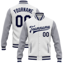 Load image into Gallery viewer, Custom White Navy-Gray Bomber Full-Snap Varsity Letterman Two Tone Jacket