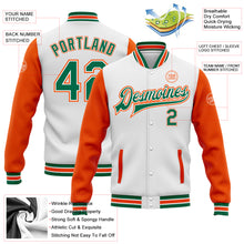 Load image into Gallery viewer, Custom White Kelly Green-Orange Bomber Full-Snap Varsity Letterman Two Tone Jacket