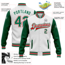 Load image into Gallery viewer, Custom White Kelly Green-Red Bomber Full-Snap Varsity Letterman Two Tone Jacket