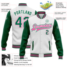 Load image into Gallery viewer, Custom White Kelly Green-Pink Bomber Full-Snap Varsity Letterman Two Tone Jacket