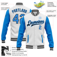 Charger l'image dans la galerie, Custom White Powder Blue-Black Bomber Full-Snap Varsity Letterman Two Tone Jacket