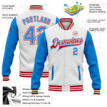 Загрузить изображение в средство просмотра галереи, Custom White Powder Blue-Red Bomber Full-Snap Varsity Letterman Two Tone Jacket