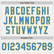 Загрузить изображение в средство просмотра галереи, Custom White Powder Blue Gold-Black Bomber Full-Snap Varsity Letterman Two Tone Jacket