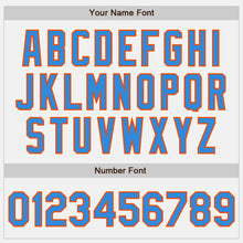 Charger l'image dans la galerie, Custom White Powder Blue Orange-Black Bomber Full-Snap Varsity Letterman Two Tone Jacket