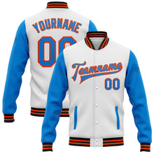 Charger l'image dans la galerie, Custom White Powder Blue Orange-Black Bomber Full-Snap Varsity Letterman Two Tone Jacket