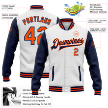 Charger l'image dans la galerie, Custom White Orange-Navy Bomber Full-Snap Varsity Letterman Two Tone Jacket