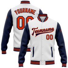 Charger l'image dans la galerie, Custom White Orange-Navy Bomber Full-Snap Varsity Letterman Two Tone Jacket