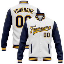Load image into Gallery viewer, Custom White Navy-Gold Bomber Full-Snap Varsity Letterman Two Tone Jacket