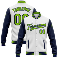 Load image into Gallery viewer, Custom White Neon Green-Navy Bomber Full-Snap Varsity Letterman Two Tone Jacket
