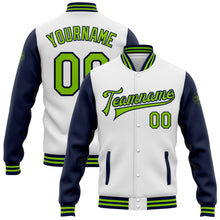 Load image into Gallery viewer, Custom White Neon Green-Navy Bomber Full-Snap Varsity Letterman Two Tone Jacket