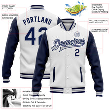 Load image into Gallery viewer, Custom White Navy-Gray Bomber Full-Snap Varsity Letterman Two Tone Jacket