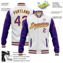 Load image into Gallery viewer, Custom White Purple-Gold Bomber Full-Snap Varsity Letterman Two Tone Jacket