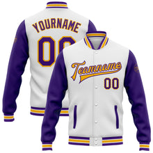 Load image into Gallery viewer, Custom White Purple-Gold Bomber Full-Snap Varsity Letterman Two Tone Jacket