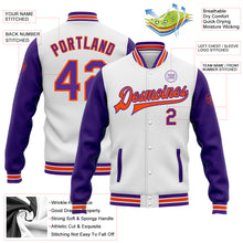 Load image into Gallery viewer, Custom White Purple-Orange Bomber Full-Snap Varsity Letterman Two Tone Jacket