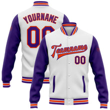 Load image into Gallery viewer, Custom White Purple-Orange Bomber Full-Snap Varsity Letterman Two Tone Jacket