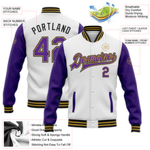 Load image into Gallery viewer, Custom White Purple Old Gold-Black Bomber Full-Snap Varsity Letterman Two Tone Jacket