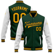 Laden Sie das Bild in den Galerie-Viewer, Custom Green Gold-Black Bomber Full-Snap Varsity Letterman Two Tone Jacket