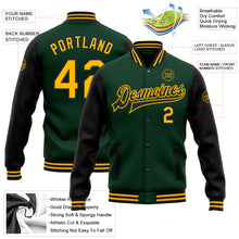 Laden Sie das Bild in den Galerie-Viewer, Custom Green Gold-Black Bomber Full-Snap Varsity Letterman Two Tone Jacket