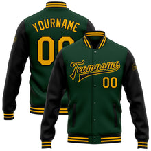 Laden Sie das Bild in den Galerie-Viewer, Custom Green Gold-Black Bomber Full-Snap Varsity Letterman Two Tone Jacket