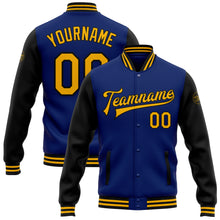 Laden Sie das Bild in den Galerie-Viewer, Custom Royal Gold-Black Bomber Full-Snap Varsity Letterman Two Tone Jacket