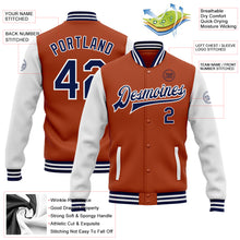 Load image into Gallery viewer, Custom Texas Orange Navy-White Bomber Full-Snap Varsity Letterman Two Tone Jacket