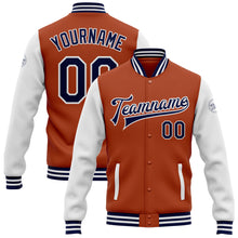 Load image into Gallery viewer, Custom Texas Orange Navy-White Bomber Full-Snap Varsity Letterman Two Tone Jacket