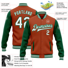 Load image into Gallery viewer, Custom Texas Orange White-Kelly Green Bomber Full-Snap Varsity Letterman Two Tone Jacket