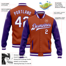 Load image into Gallery viewer, Custom Texas Orange White-Purple Bomber Full-Snap Varsity Letterman Two Tone Jacket