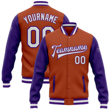 Load image into Gallery viewer, Custom Texas Orange White-Purple Bomber Full-Snap Varsity Letterman Two Tone Jacket