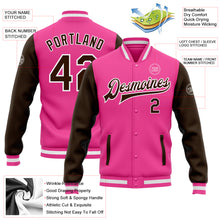 Laden Sie das Bild in den Galerie-Viewer, Custom Pink Brown-White Bomber Full-Snap Varsity Letterman Two Tone Jacket