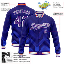 Laden Sie das Bild in den Galerie-Viewer, Custom Royal Purple-Orange 3D Pattern Design Bomber Full-Snap Varsity Letterman Jacket