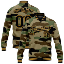 Загрузить изображение в средство просмотра галереи, Custom Camo Black-Old Gold Jungle Camouflage 3D Bomber Full-Snap Varsity Letterman Salute To Service Jacket
