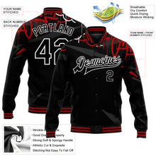 Laden Sie das Bild in den Galerie-Viewer, Custom Graffiti Pattern Black-Red Dark Abstract Urban Street Art 3D Bomber Full-Snap Varsity Letterman Jacket