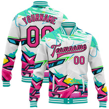 Загрузить изображение в средство просмотра галереи, Custom Graffiti Pattern Pink-Black Abstract Splashes 3D Bomber Full-Snap Varsity Letterman Jacket