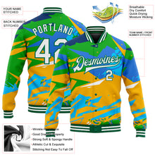 Загрузить изображение в средство просмотра галереи, Custom Graffiti Pattern White-Kelly Green Hiphop Abstract Urban Street Art 3D Bomber Full-Snap Varsity Letterman Jacket