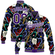 Load image into Gallery viewer, Custom Graffiti Pattern Purple-White Hand Painted Flowers 3D Bomber Full-Snap Varsity Letterman Jacket