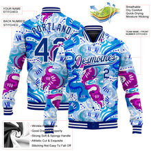 Load image into Gallery viewer, Custom Graffiti Pattern Royal-White Abstract Hand Drawn 3D Bomber Full-Snap Varsity Letterman Jacket