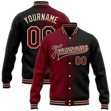 Загрузить изображение в средство просмотра галереи, Custom Black Crimson-City Cream Bomber Full-Snap Varsity Letterman Gradient Fashion Jacket