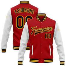 Загрузить изображение в средство просмотра галереи, Custom Red Black-Gold Bomber Full-Snap Varsity Letterman Two Tone Jacket