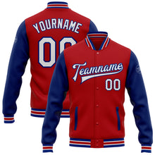 Загрузить изображение в средство просмотра галереи, Custom Red White-Royal Bomber Full-Snap Varsity Letterman Two Tone Jacket