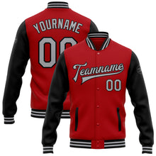 Load image into Gallery viewer, Custom Red Gray-Black Bomber Full-Snap Varsity Letterman Two Tone Jacket