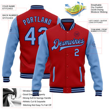Load image into Gallery viewer, Custom Red Light Blue-Navy Bomber Full-Snap Varsity Letterman Two Tone Jacket